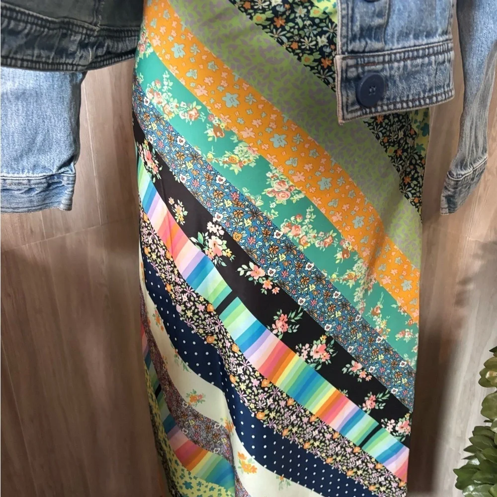 Steve Madden Charmeuse Midi Slip  Skirt Patchwork Floral Size L